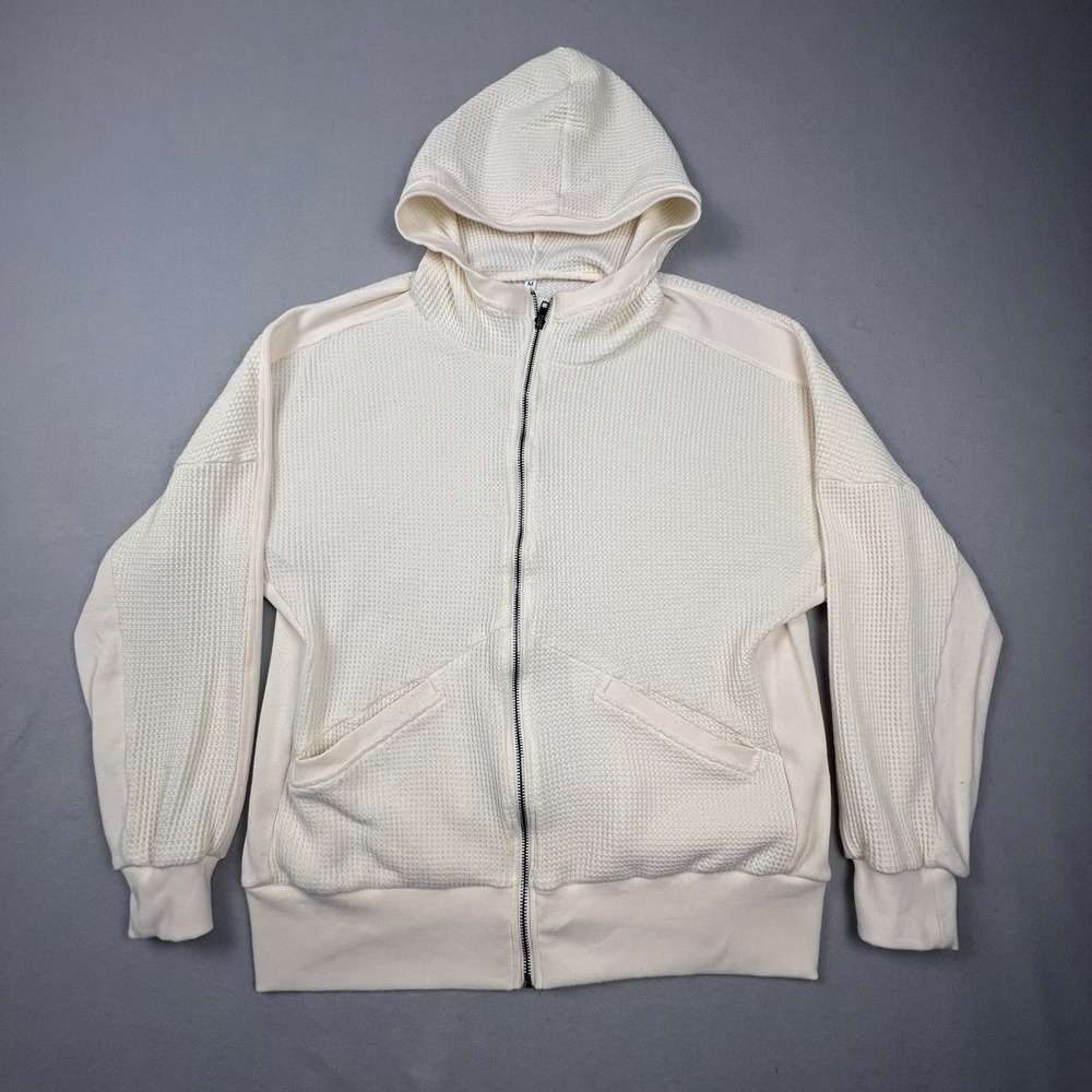 Waffle Knit Zip Hoodie M Cream Paneled Thermal Streetwear Gorpcore Minimalist
